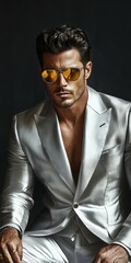 Fototapeta premium Stylish man in a silver suit with sunglasses posing confidently indoors
