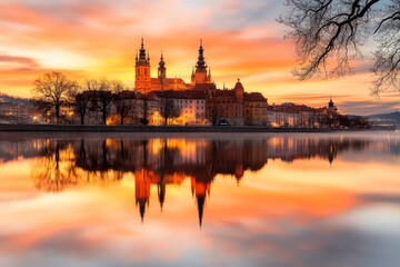 Obraz premium A simple silhouette of the Vistula River and Wawel Castle, framed against a gradient sunset