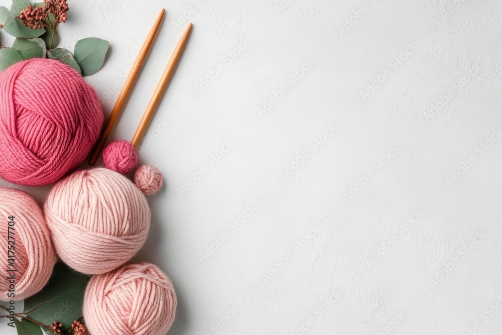 Poster a single ball of yarn with a pair of knitting needles on a white background, featuring simple colors