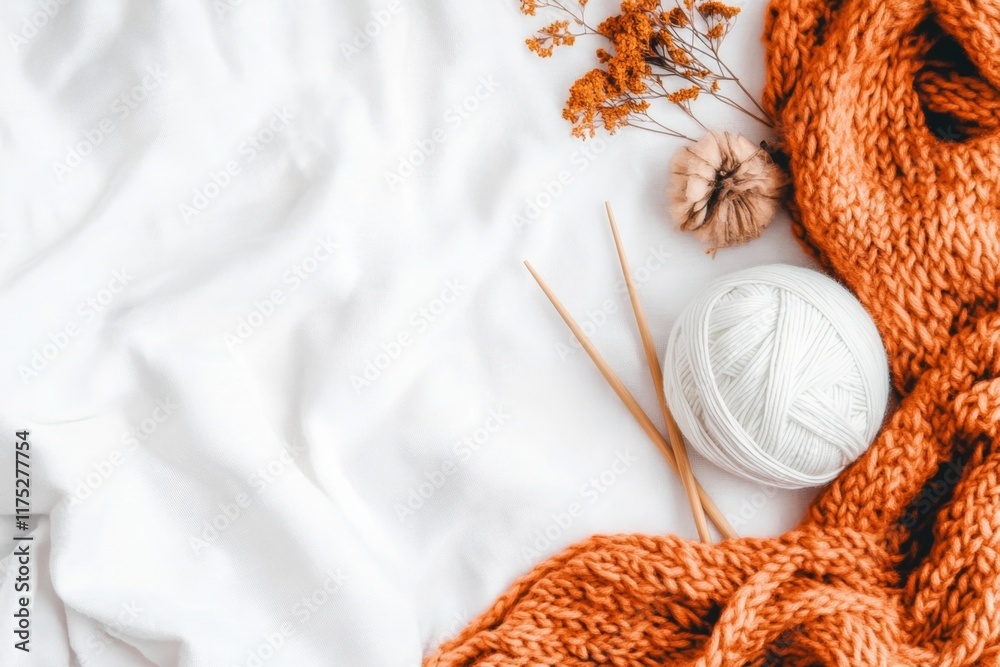Poster a single ball of yarn with a pair of knitting needles on a white background, featuring simple colors