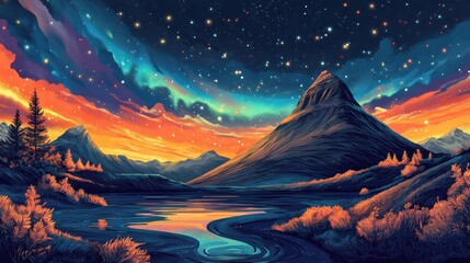 The Northern Lights over Kirkjufell mountain in Iceland, with bright, vivid lights reflecting off the autumn landscape and creating intricate details in the scenery 