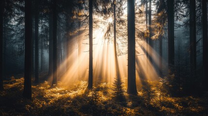 Obraz premium Sunbeams Illuminate Misty Forest Trees