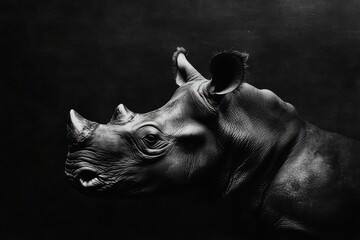 Rhinoceros in high alert, portrayed in monochrome. Fine art piece from South Africa. Ceratotherium simum