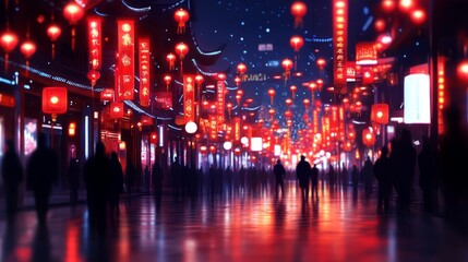 Fototapeta premium A vibrant street adorned with red lanterns, creating a festive atmosphere at night.