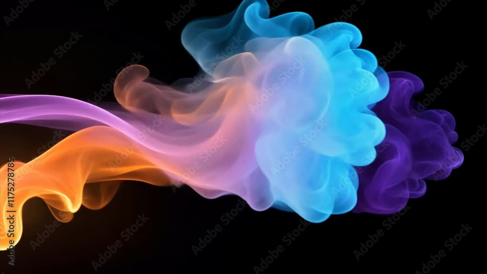 Poster ethereal and colorful smoke swirls in vibrant shades of blue, purple, and orange, creating mesmerizi