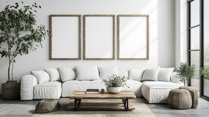 Fototapeta premium Japanese-inspired modern living room featuring a square coffee table, white sofa, and rustic cabinets