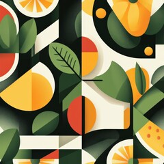 Vibrant abstract design with fruits, plants, and geometric shapes