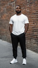 Obraz premium Strong young man standing confidently against a brick wall in urban setting