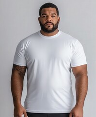 Strong man poses confidently in a plain white shirt against gray backdrop