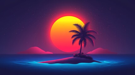 Solitary Palm Tree on a Tropical Island at Sunset, Retro Synthwave Style
