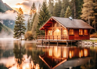 A serene lakeside scene featuring a cozy wooden cabin illuminated warmly, surrounded by lush green trees and misty mountains in the background, reflecting softly on the calm water.