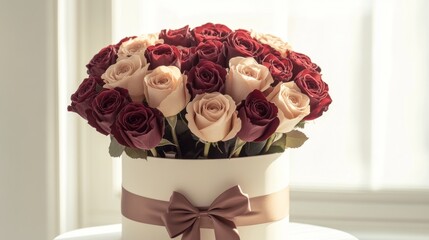 A bouquet of roses placed inside a white box with a red ribbon