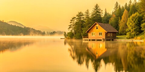 Fototapeta premium A serene lakeside scene featuring a cozy wooden cabin illuminated warmly, surrounded by lush green trees and misty mountains in the background, reflecting softly on the calm water.