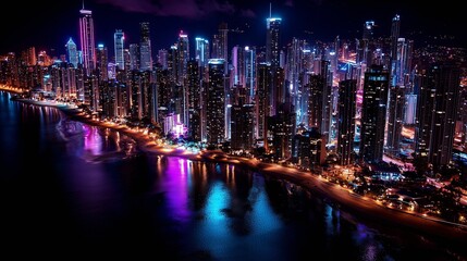 Obraz premium Modern city skylines illuminated by vibrant lights reflecting on water, showcasing urban architecture and night photography with colorful atmospheres.