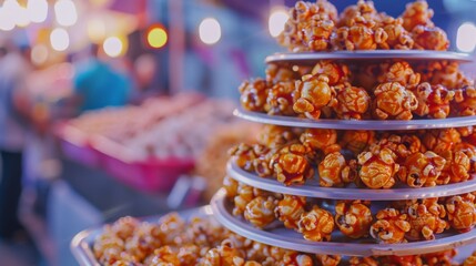 Caramel Popcorn Displayed on Tiers with Colorful Market Lights for Food Promotions  
