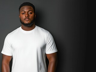 Young man in plain white shirt poses confidently against dark background