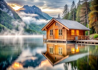 Fototapeta premium A serene lakeside scene featuring a cozy wooden cabin illuminated warmly, surrounded by lush green trees and misty mountains in the background, reflecting softly on the calm water.