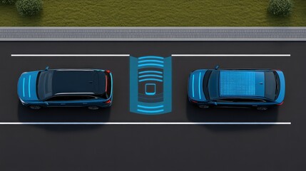 Advanced Driver-Assistance System (ADAS) Illustration: Two cars demonstrating safe distance using sensor technology on a road.