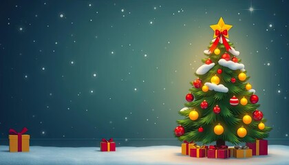 Christmas tree in snowy scene, holiday, gift-wrapped presents, digital illustration, graphic design, festive background