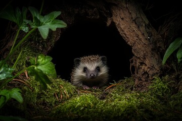 Naklejka premium In a pine forest, a small hedgehog (lat. Erinaceus europaeus) emerges from under the grass to look around