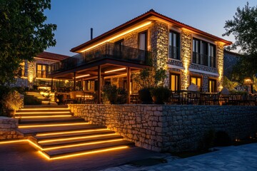 Boutique hotel with illuminated terraces, elegant stone walls, and artistic exterior designs
