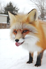 Obraz premium Close-up view of a red fox, vulpes vulpes, looking straight at the camera and licking its lips. The predator's forward-facing gaze suggests it is on the lookout for prey. The autumn scenery is rich
