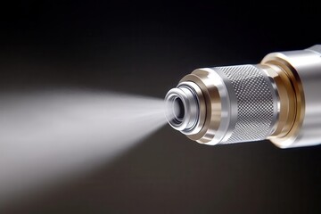Close-up of a metal spray nozzle releasing a fine mist against a dark background.