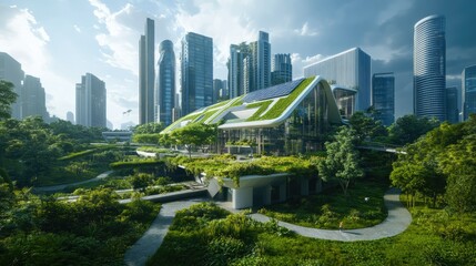 Fototapeta premium rendering of a building with a solar array on top of it, in an eco city