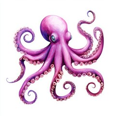 Undersea animal diversity deep-sea marine ocean ecosystem. A vibrant, cartoon-style illustration of a pink octopus with long, curling tentacles and expressive eyes, showcasing its aquatic charm.