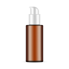 Amber Plastic Cosmetic Bottle Mockup with Pump, Isolated On White Background, Front View. Vector Illustration