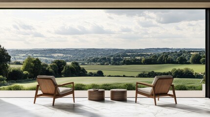 Modern chairs view idyllic countryside landscape home interior