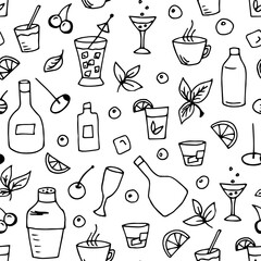 Simple seamless vector pattern in doodle style. Cafe bar, drinks, alcohol. Cups, glasses, lemon slice, mint leaves, bubbles, cocktail. Black outline on white background. Wrapping paper print, label.