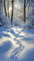 serene snowy forest path with animal tracks leading through snow