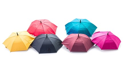 A row of colorful umbrellas are displayed on a white background