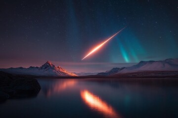 A meteorite streaking through the Aurora Borealis, creating a breathtaking combination of colors in the sky