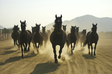 An image of a herd of wild horses in silhouette,表现为curious and friendly. Wild horse portrait