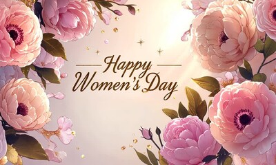 A pink flowery background with the words Happy Women's Day written in gold. The image is meant to convey a sense of celebration and appreciation for women