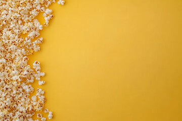 Overflowing Popcorn Cascade on Vibrant Warm Yellow Background – Perfect for Movie Nights, Snack Advertisements, Celebrations, Cinema Promotions, Text Space, Fun Invitations, and Creative Concepts.