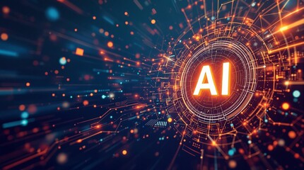 Illustration of an abstract futuristic background with digital technology and artificial intelligence concepts. The text "AI".