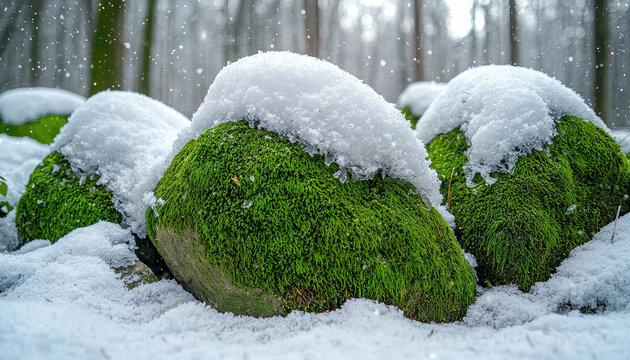 Mossy rocks covered in snow create serene winter woodland scene