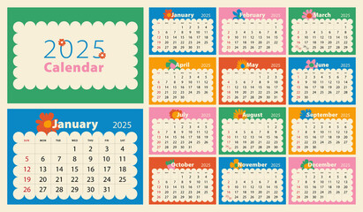 Desk Calendar 2025 Template Set, Calendar Design, Wall Calendar 2025 Design, Poster, Set of 12 Months, Week Start Sunday, Vector Illustration, Flat Design