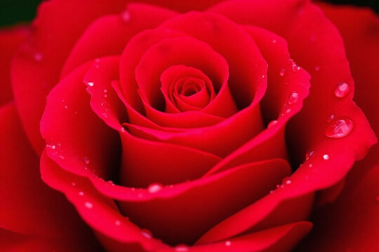 close up of red rose dew drops on petals blurred background