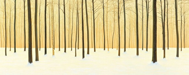 A serene winter landscape featuring tall, bare trees against a soft, golden sky and a blanket of snow covering the ground.
