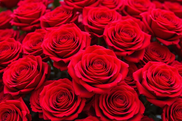dense cluster vibrant red roses petals texture lighting