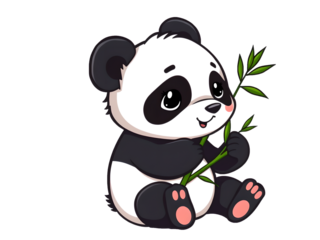 Adorable Anime Panda Sticker: Bamboo Fun on White Vector Background
