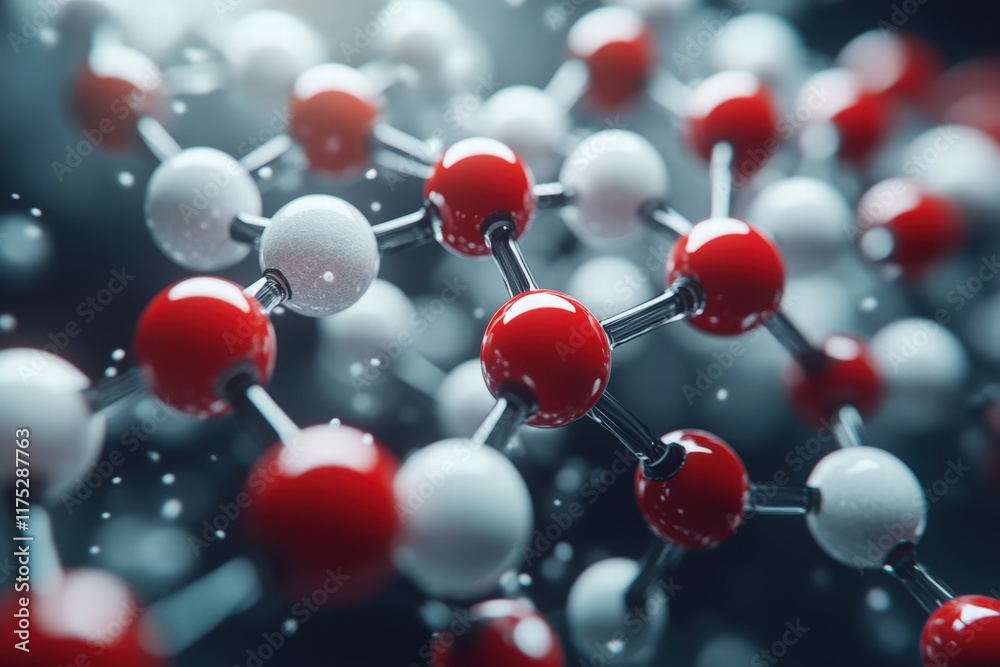 Poster detailed close-up 3d rendering of molecular structure featuring white and red spheres representing a