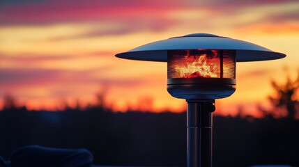 An outdoor patio heater on a sunset-themed gradient background symbolizing warmth