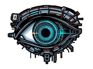 Fototapeta premium Cybernetic Eye Sticker: Futuristic Vision with Retinal Display - Cyberpunk Style Vector Art on White Background
