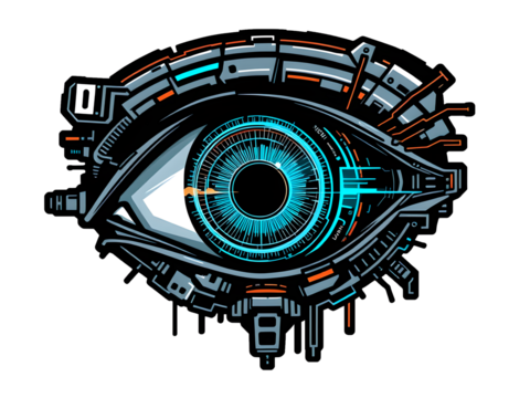 Cybernetic Eye Sticker: Futuristic Vision with Retinal Display - Cyberpunk Style Vector Art on White Background