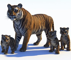 Fototapeta premium Tiger and her cubs pose in front of a white backdrop
